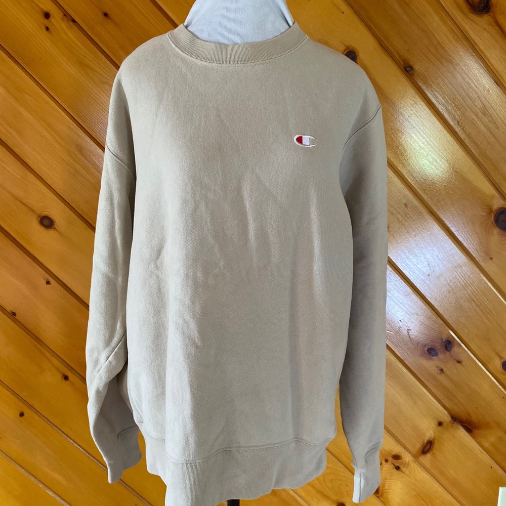 Champion Reverse Weave Sweatshirt Womens Large Tan Beige Crewneck Pullover Logo